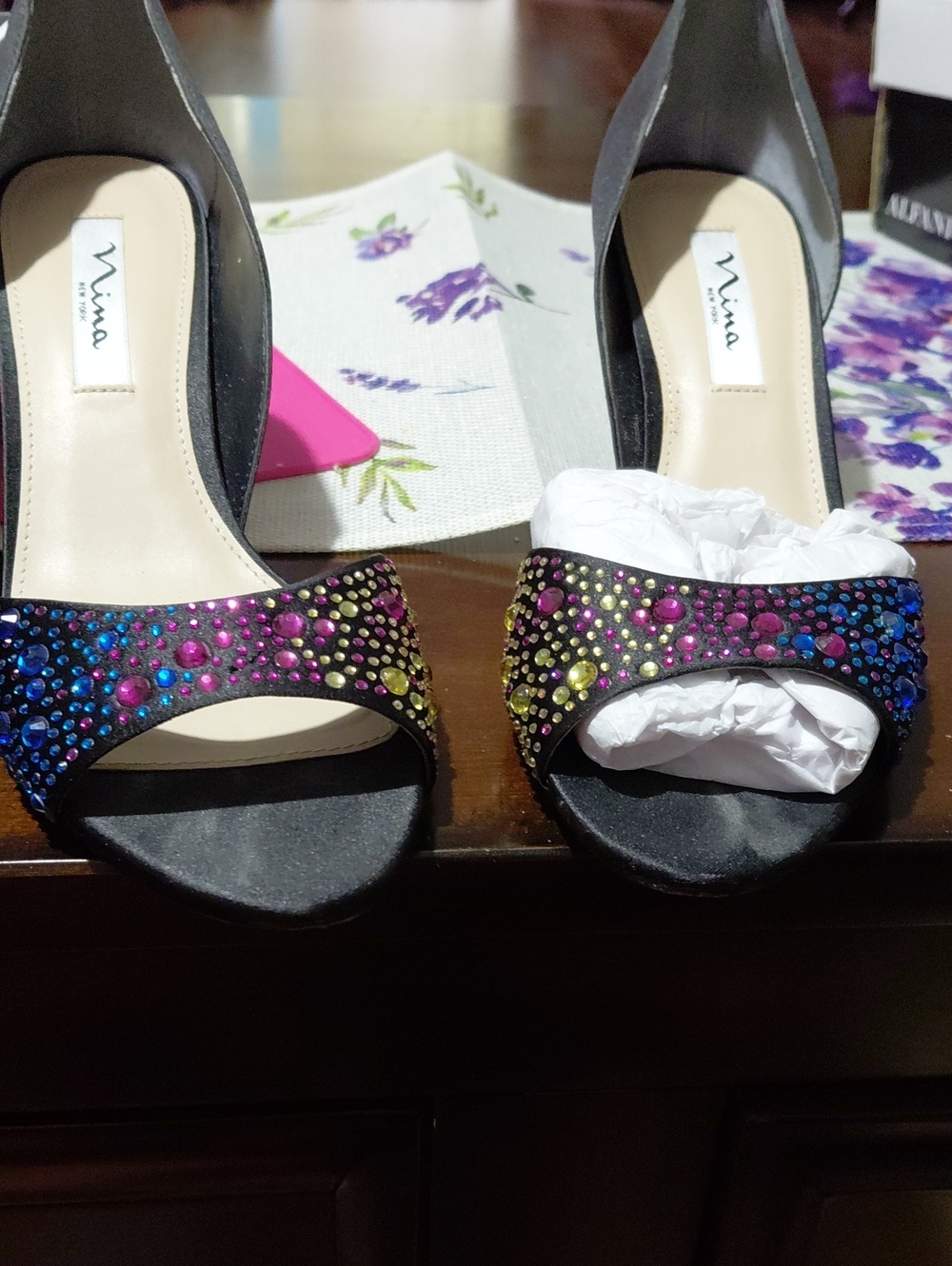 Nina Black Open-Toe Heels with Blue, Pink and Yellow Crystal Accents9.5 2.7 Inch